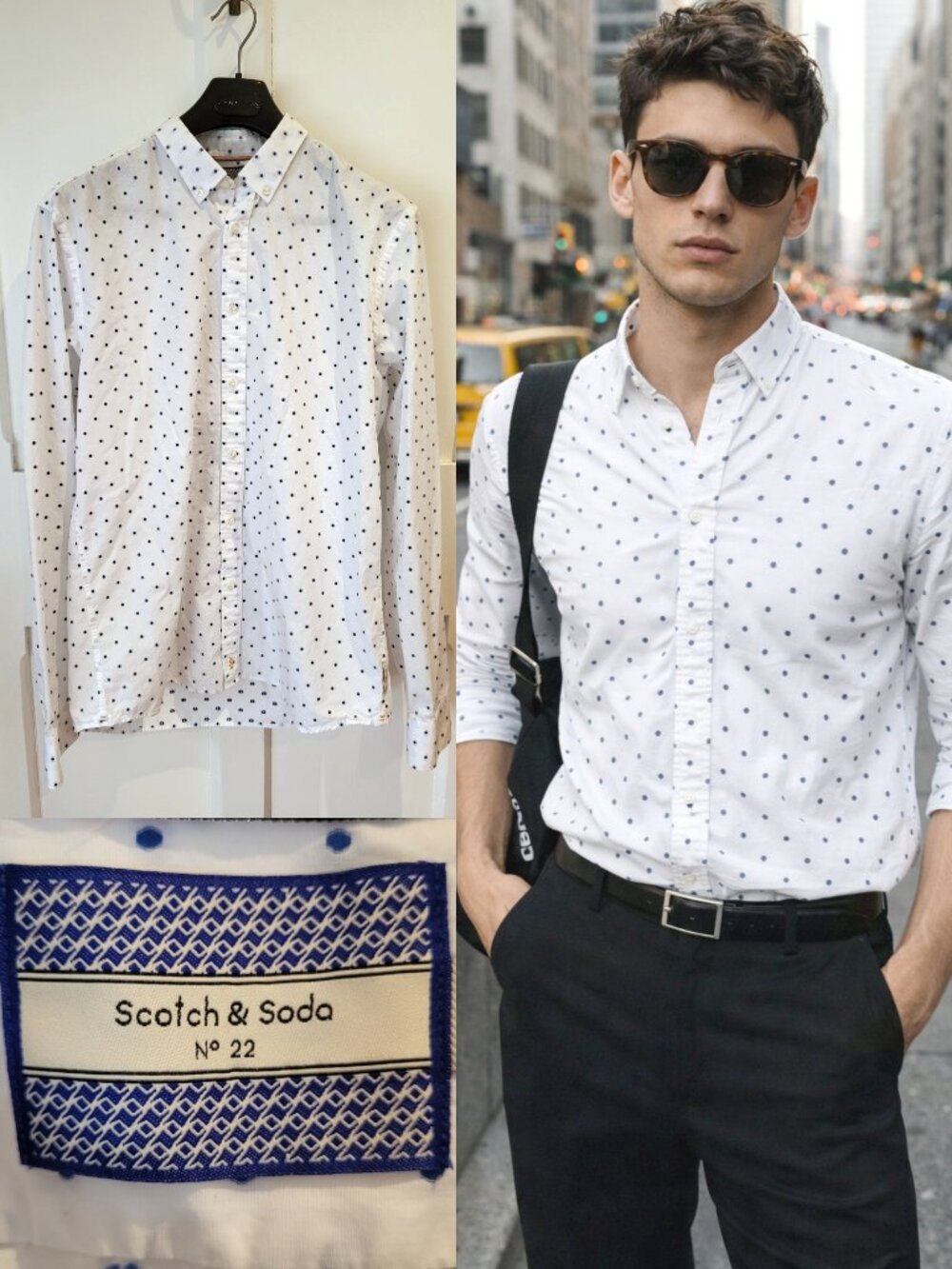 Scotch & Soda Polka Dot Button-Up Shirt White Blue Regular Fit Men’s XL